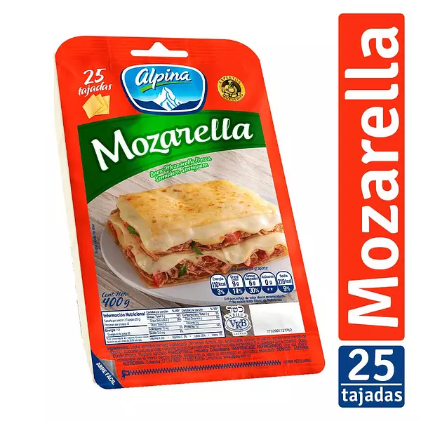 Queso Mozarella Alpina 25/Tajadas 400g