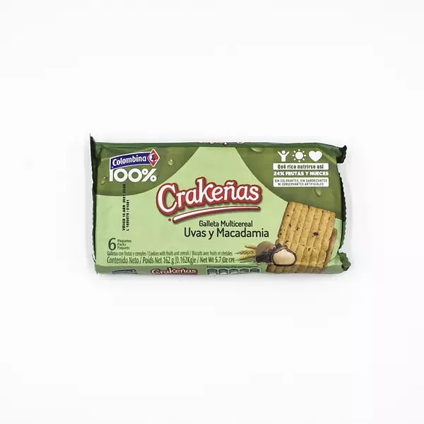 Galletas 100% Colombina Multicereales Uvas Macadamia 162g