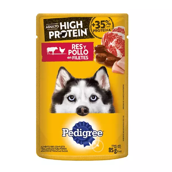 Pouch Pedigree High Protein Res y Pollo 85g