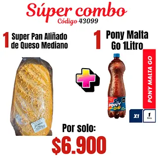 Super Combo Pan Aliñado Queso Mediano + Pony Go 1l